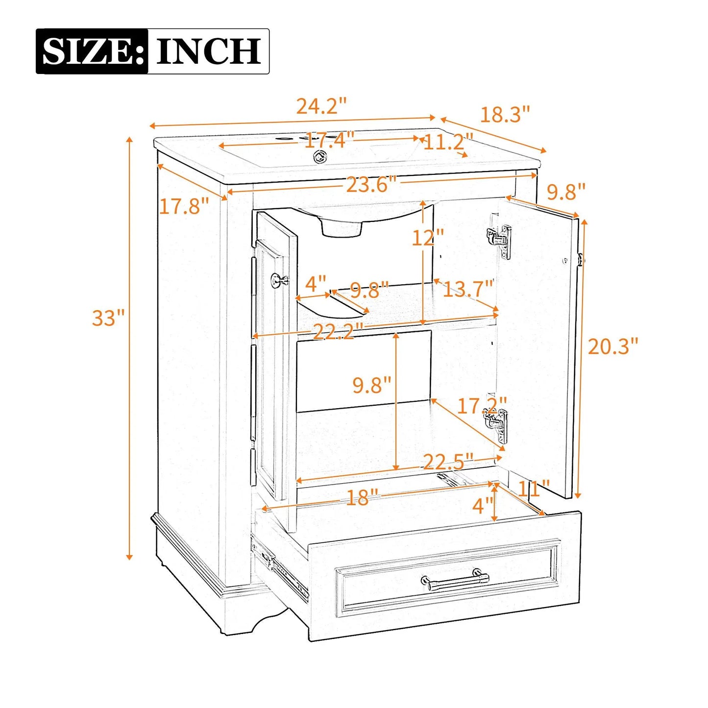 Bathroom vanity with ceramic sink, modern freestanding storage cabinet, silver handles on Tampa Home & Garden Store