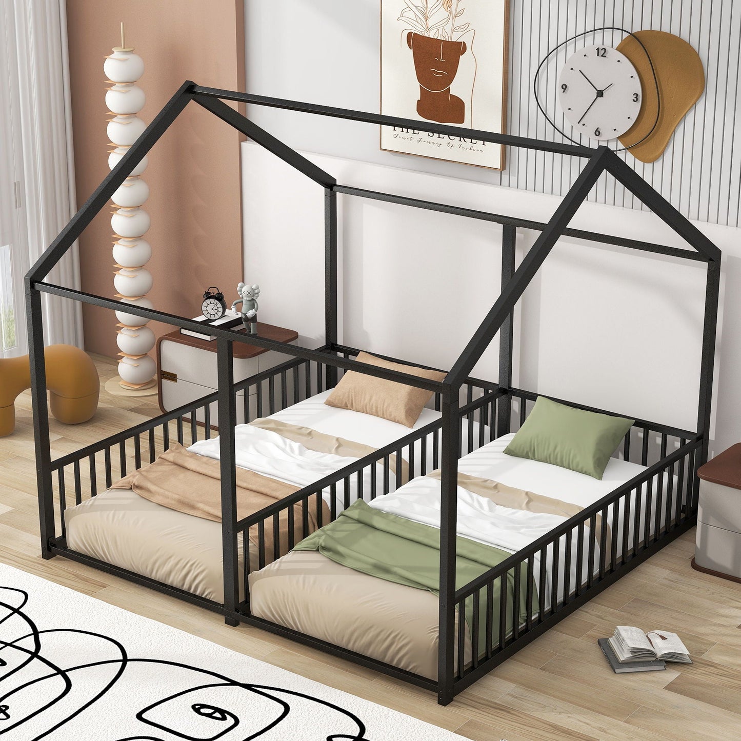 House platform beds for 2 twin beds with a black metal frame and guardrails by HouseOfZazla on Tampa Home & Garden Store