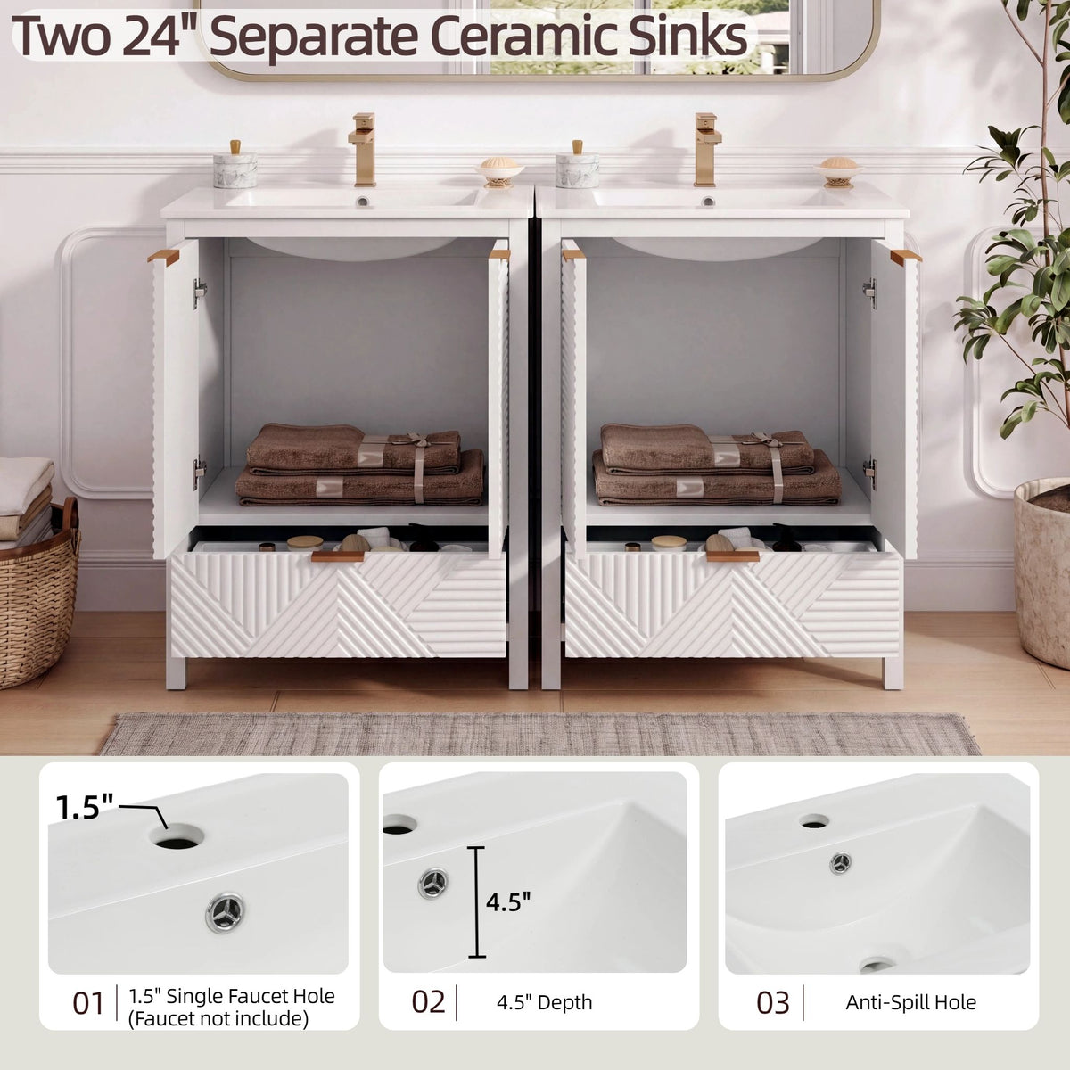 Double white modern bathroom vanity with two ceramic sinks and gold faucets on Tampa Home & Garden Store