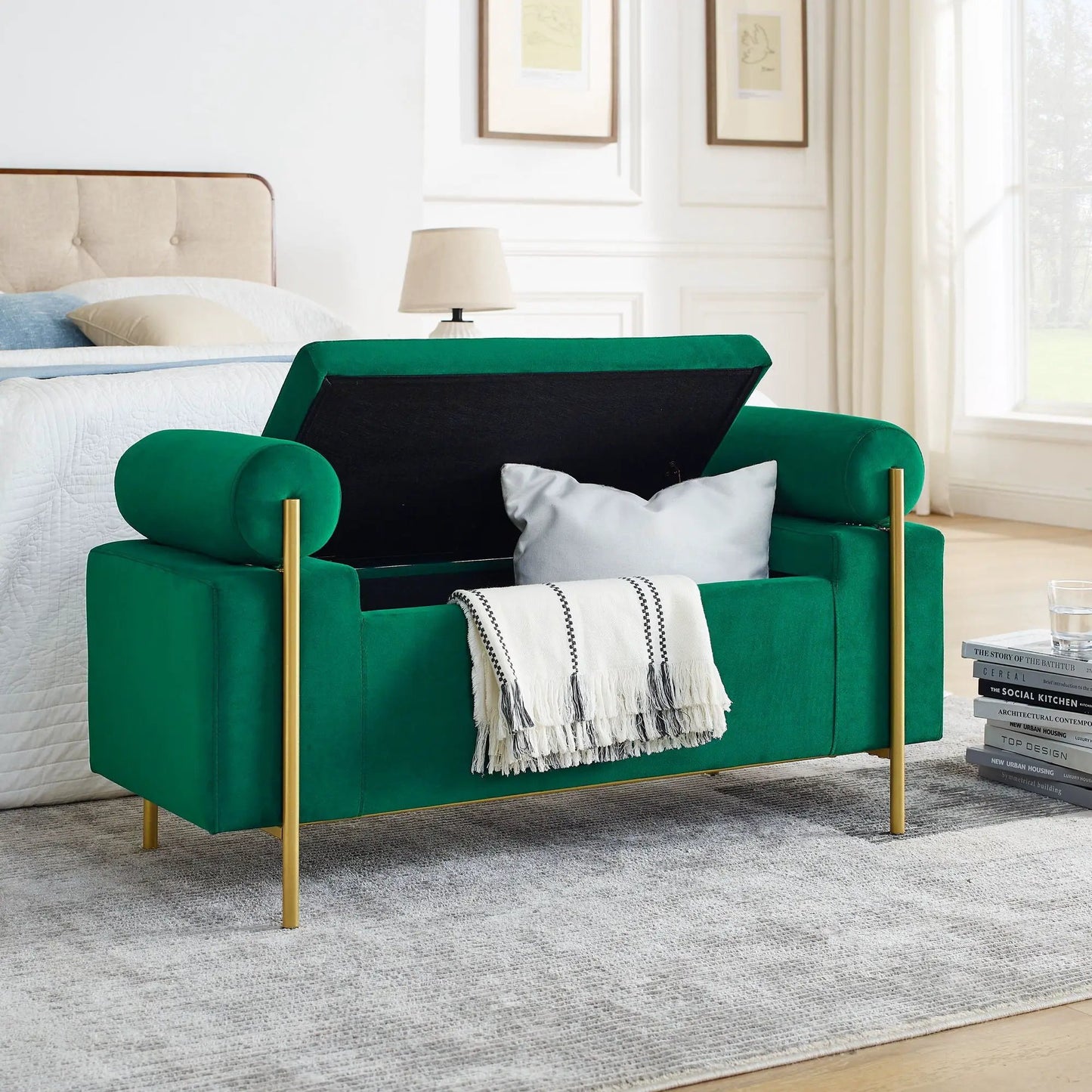 Emerald green velvet storage bench with cylindrical arms and gold iron legs Unique Piece on Tampa Home & Garden Store