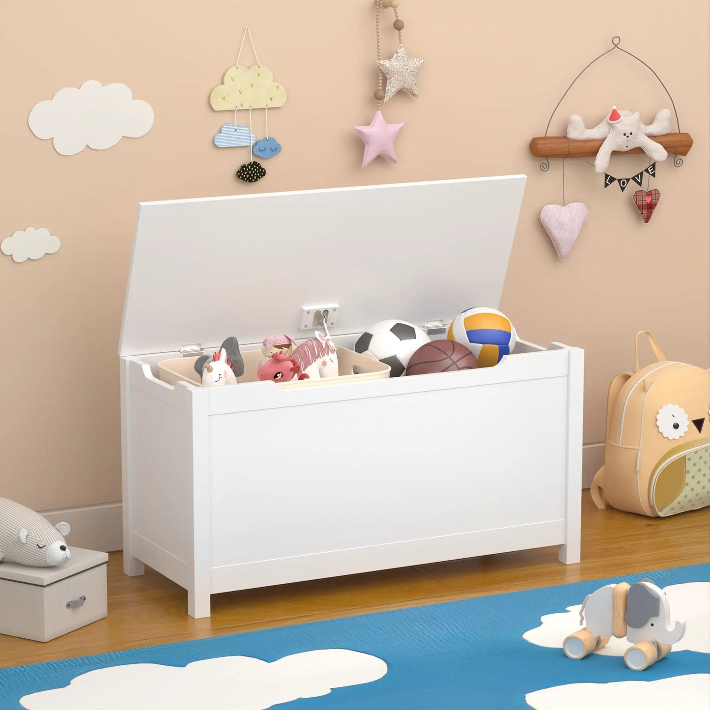Toy Box Storage With Safety Hinged Lid white chest opened with toys and balls in a kid room decor on Tampa Home & Garden Store