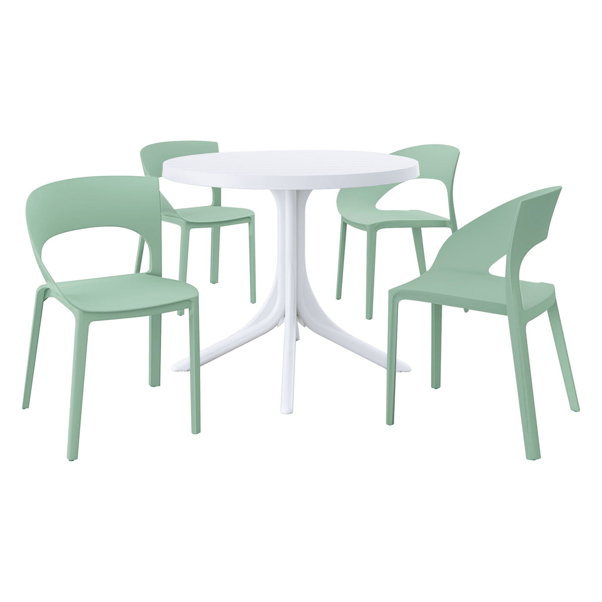Modern outdoor 5-piece set with green stain-resistant chairs and white round table on Tampa Home & Garden Store