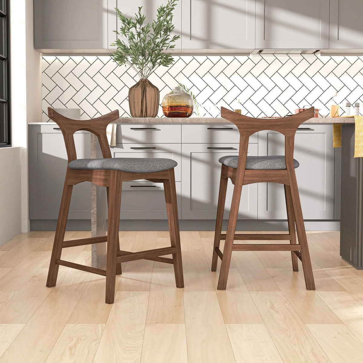 Upholstered square bar chairs set of 2 with gray fabric seats and solid wood frames on Tampa Home & Garden Store