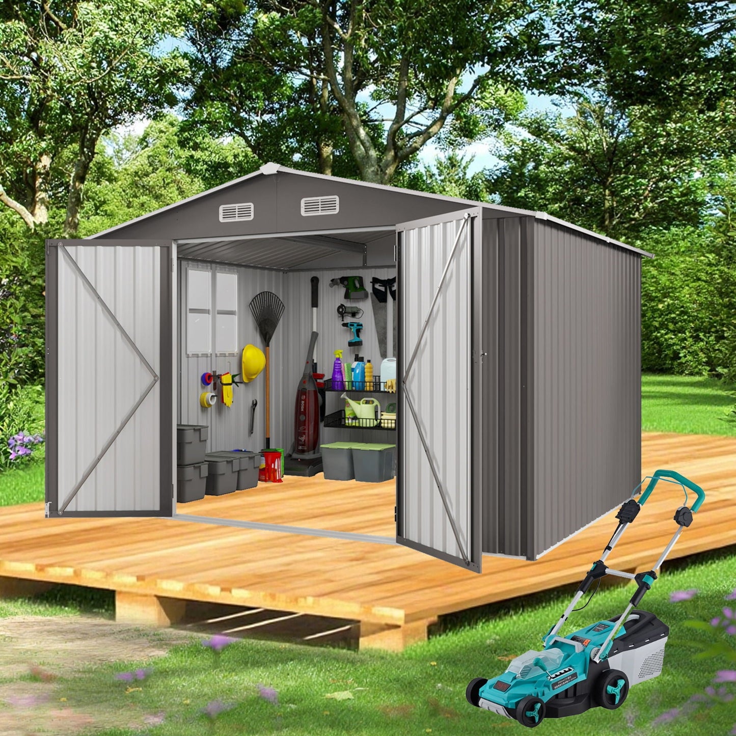 Large HouseOfZazla outdoor storage shed with lockable door and air vents, gray metal interior on Tampa Home & Garden Store