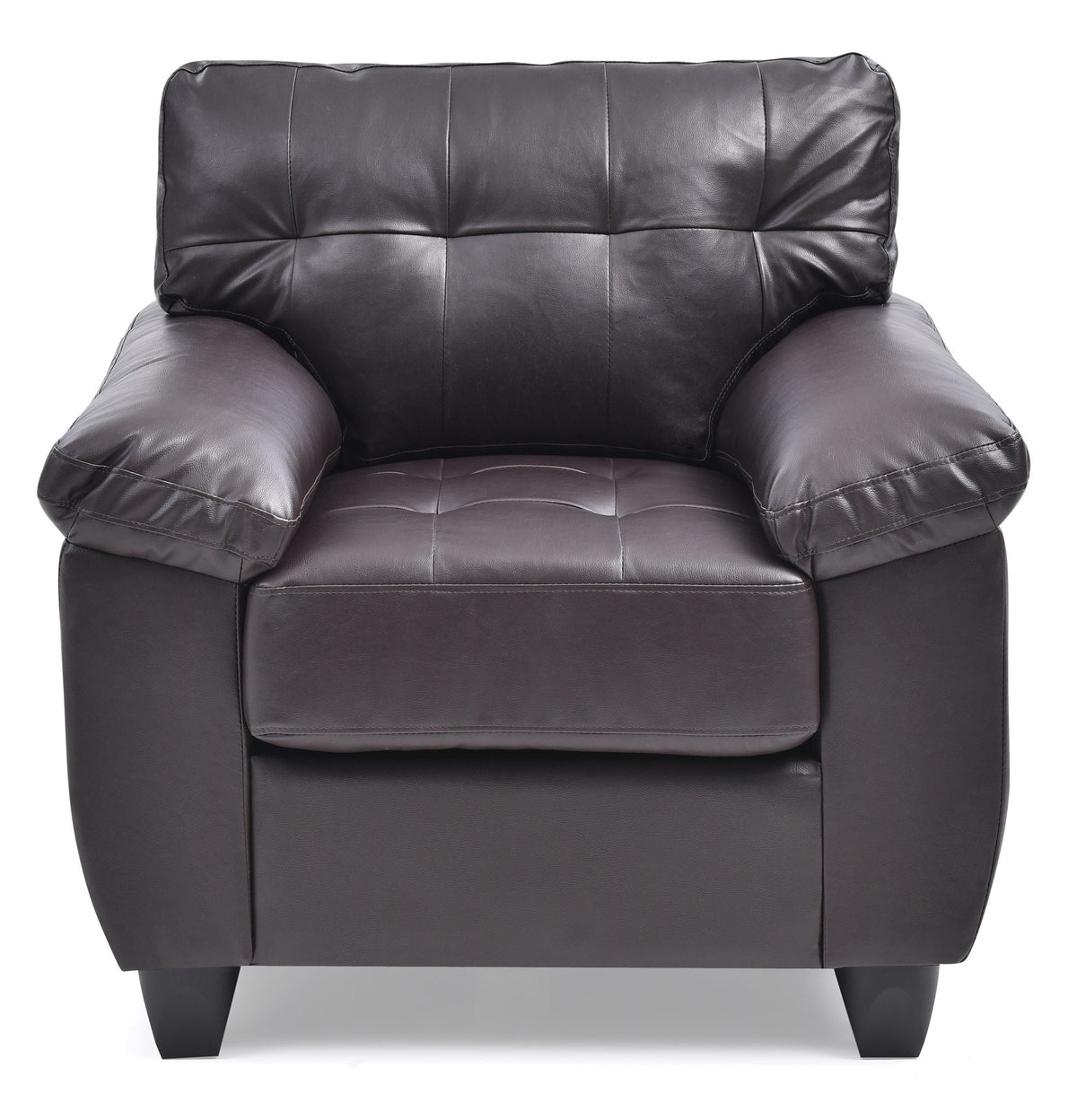 Accent chair in dark brown leather with tufted back and cushioned arms on Tampa Home & Garden Store