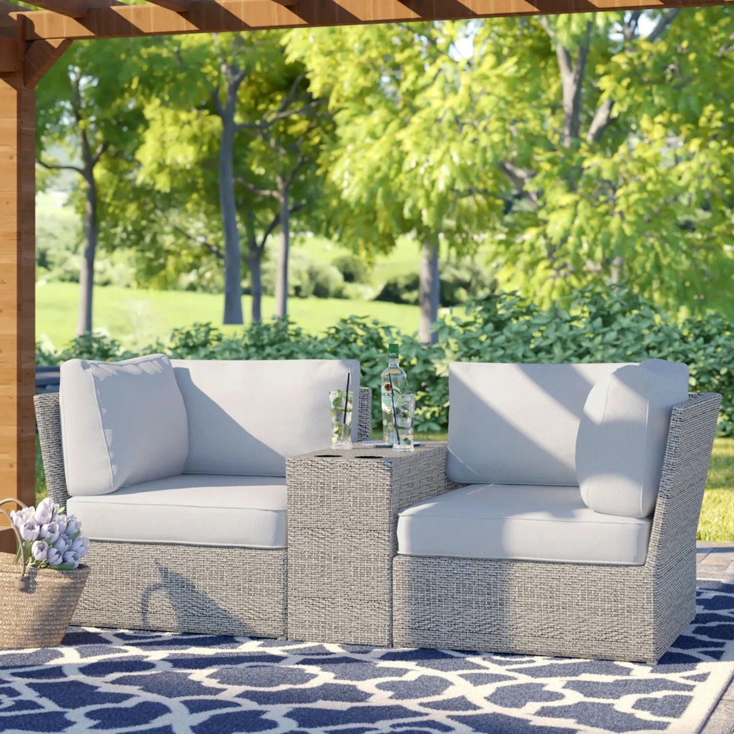 Outdoor Wicker Loveseat Set and Side Table