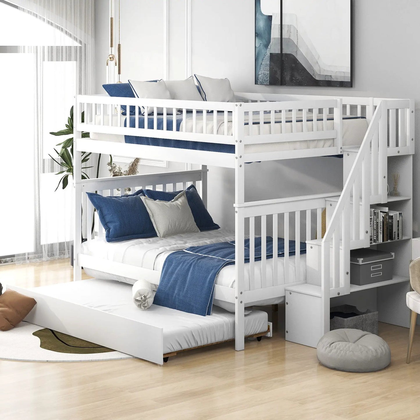 White bunk bed with staircase by Unique Piece Furniture twin-over-twin, blue bedding on Tampa Home & Garden Store