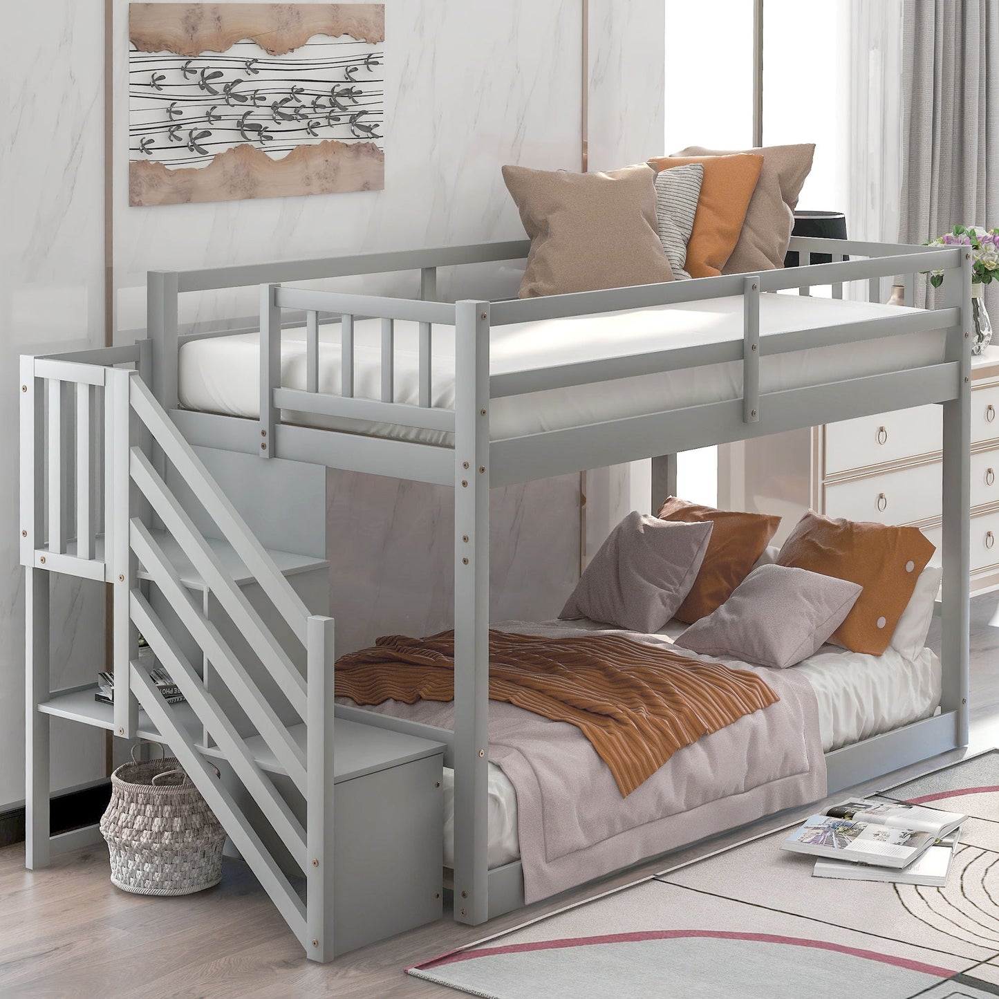 Twin Over Twin Floor Bunk Bed gray frame with storage ladder and neutral bedding on Tampa Home & Garden Store