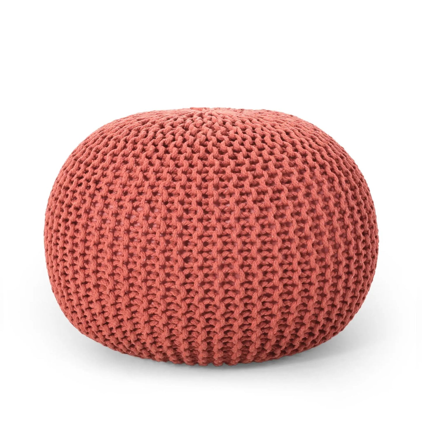 Bordeaux knitted round pouf ottoman, brick-red chunky knit texture, accent pouf on Tampa Home & Garden Store