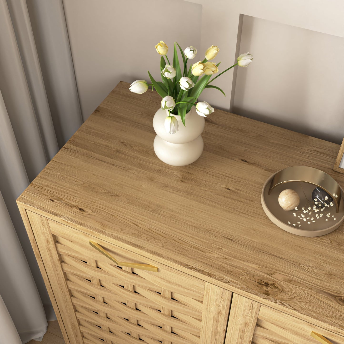 Storage Cabinet with 3 Doors in natural oak wood with slatted fronts, HouseOfZazla on Tampa Home & Garden Store