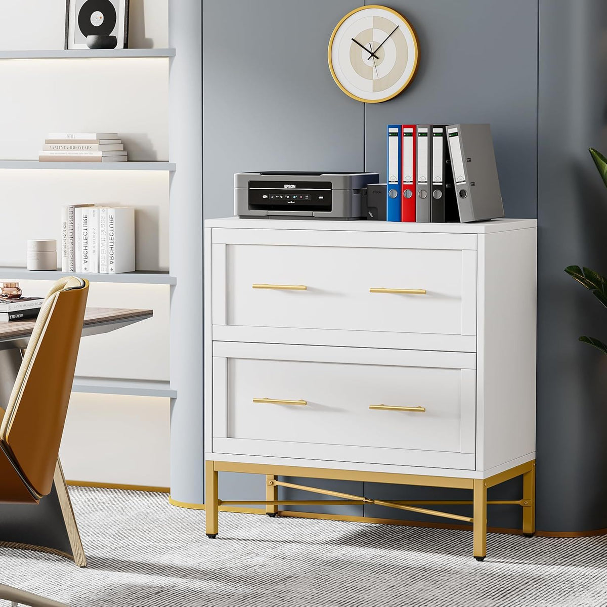 White 2-drawer lateral filing cabinet with anti-tilt safety and gold hardware on Tampa Home & Garden Store