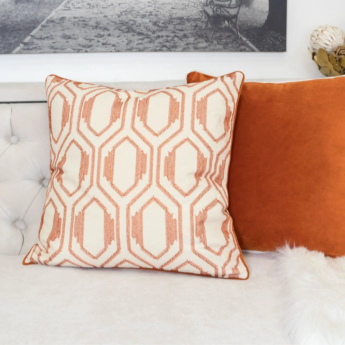 Geometric Embroidered Throw Pillow Rust with cream base and orange zigzag pattern on Tampa Home & Garden Store