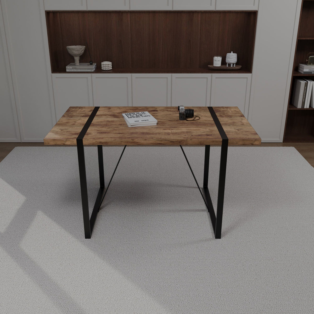 Rectangular light brown wood dining table with a black metal frame by HouseOfZazla on Tampa Home & Garden Store