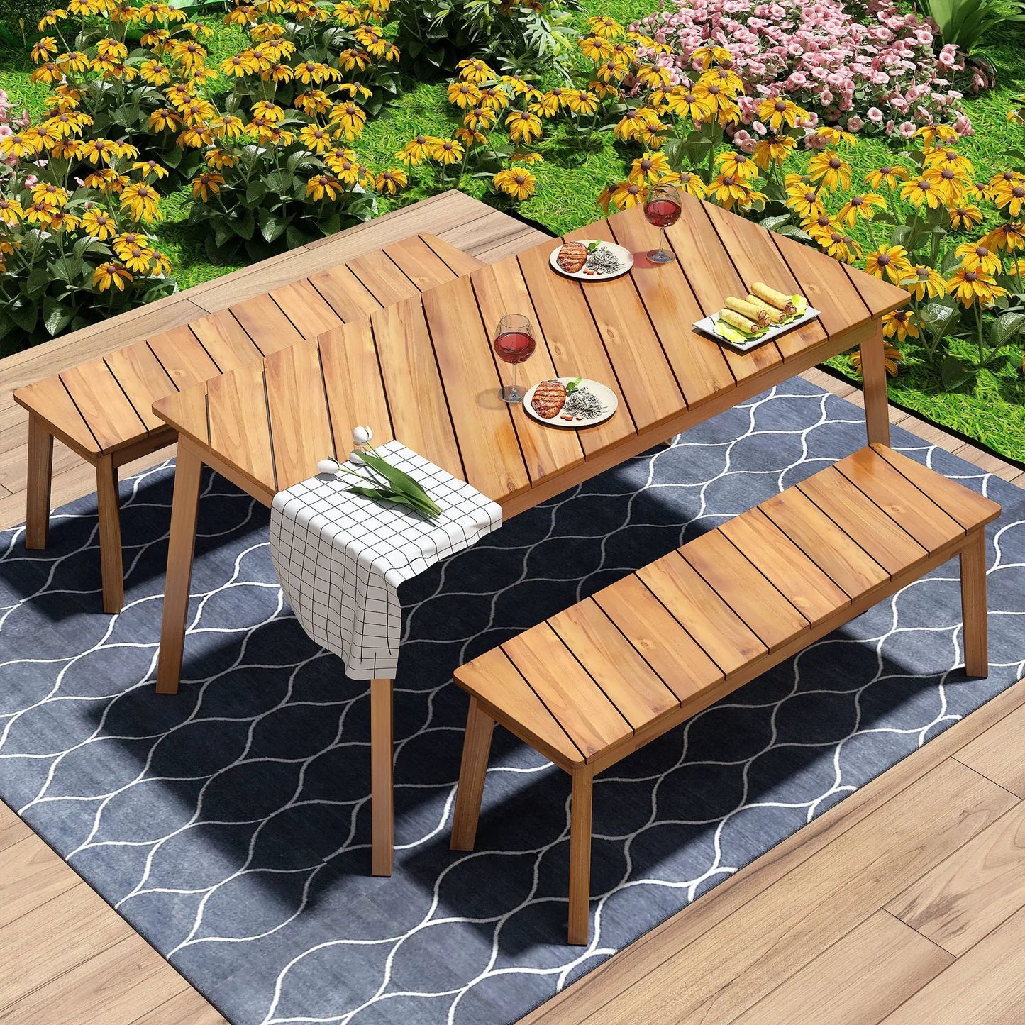Acacia Wood Table Bench Set for Outdoor Patio