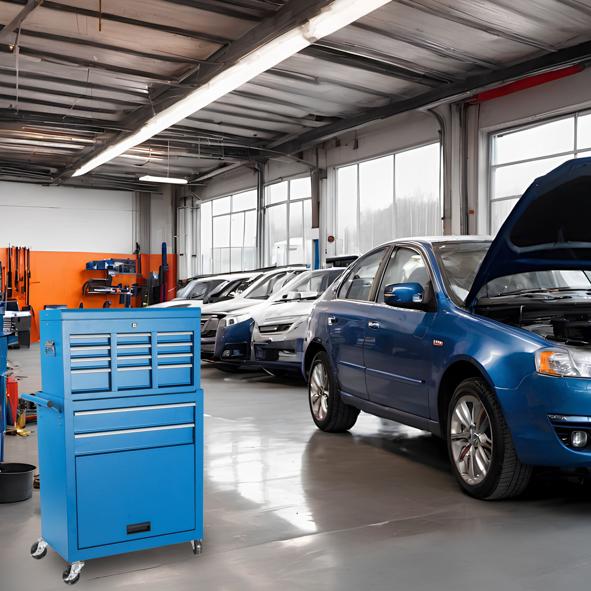 Blue 8-drawer rolling tool chest on casters in a bright workshop beside a blue car on Tampa Home & Garden Store