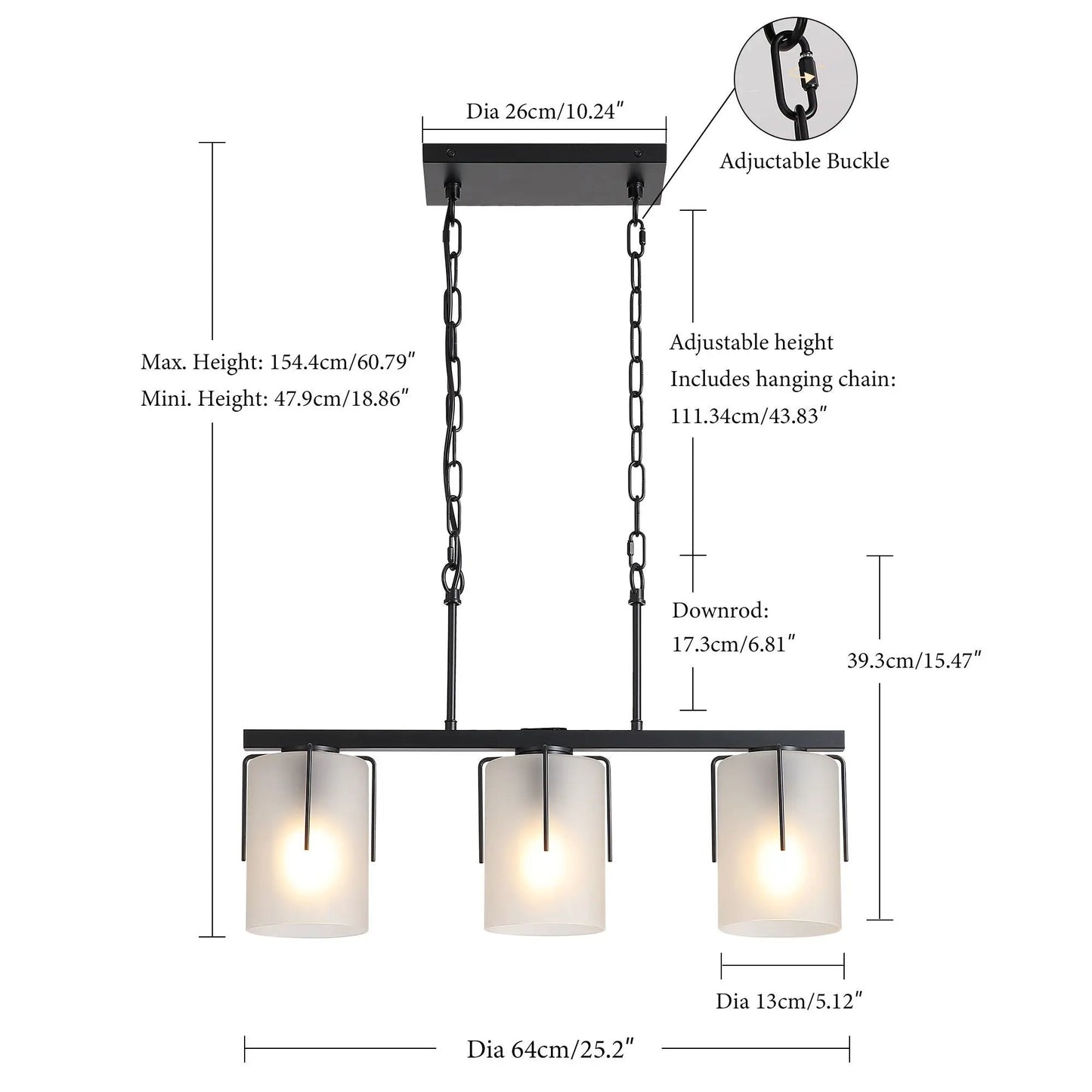 Adjustable Cylindrical Pendant Light black metal frame with three frosted glass shades Unique Piece Furniture on Tampa Home & Garden Store