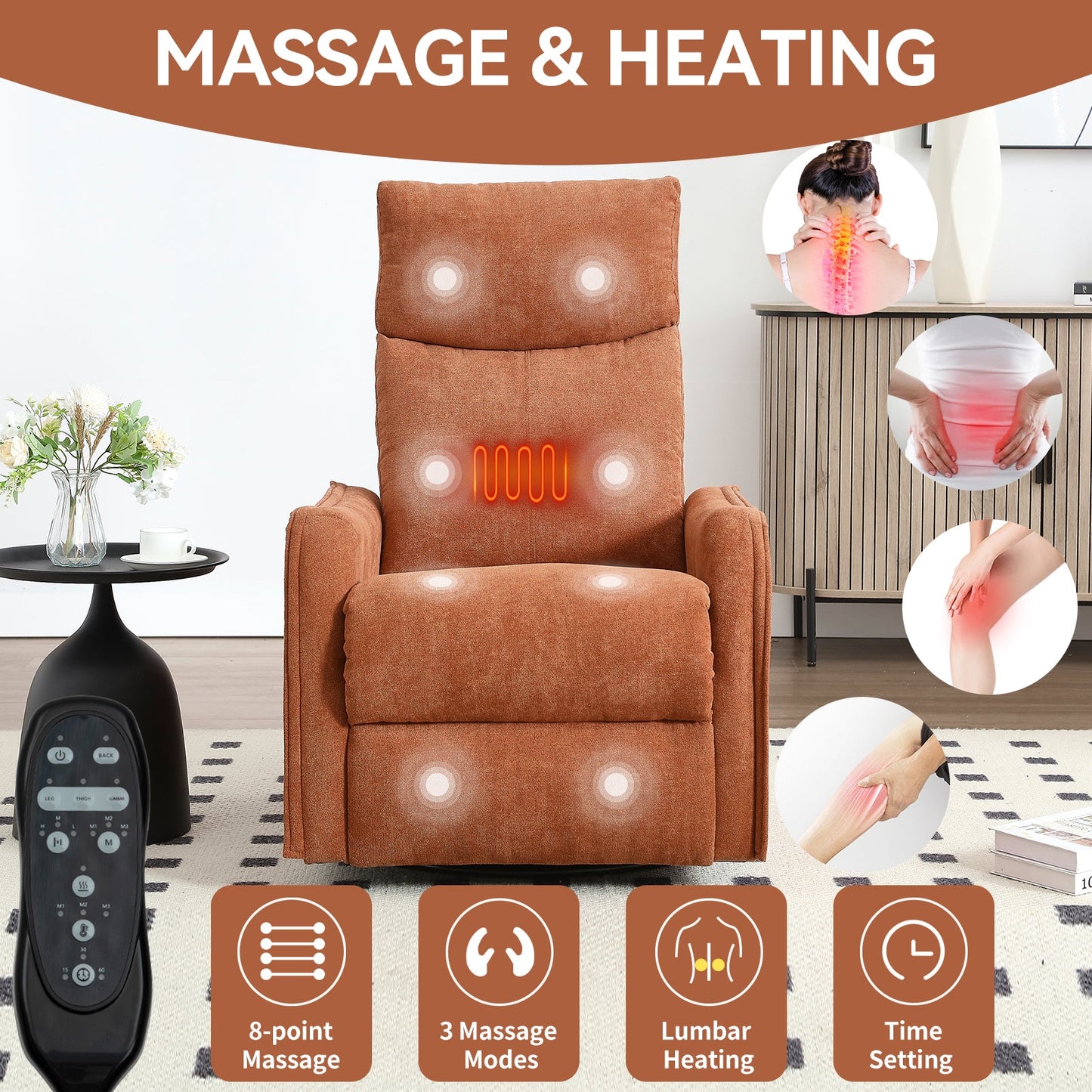 Heat Massage Manual Recliner Chair with Rocker by HouseOfZazla in brown fabric and lumbar heat on Tampa Home & Garden Store