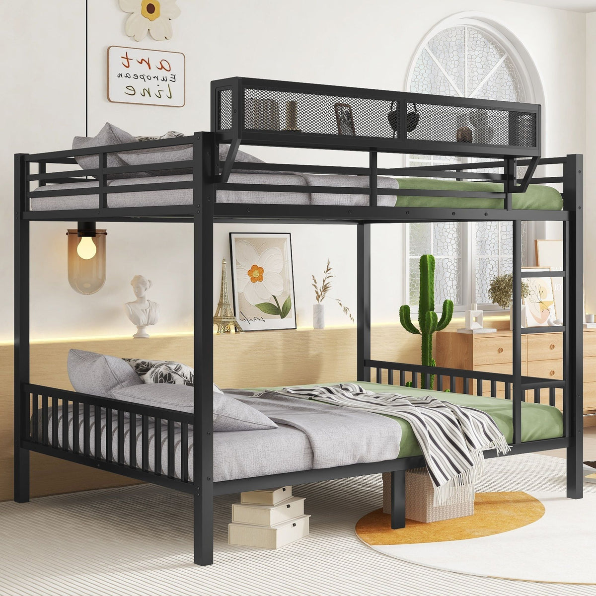 Queen over Queen bunk bed with ladder and storage shelf in black metal frame on Tampa Home & Garden Store