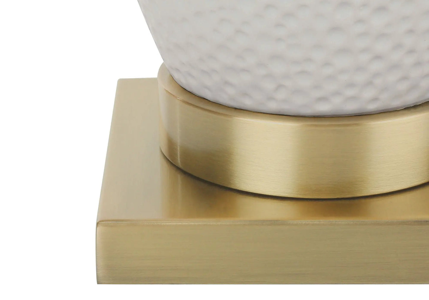 Table lamp with hammered white ceramic globe on brushed brass base and light wood plinth on Tampa Home & Garden Store