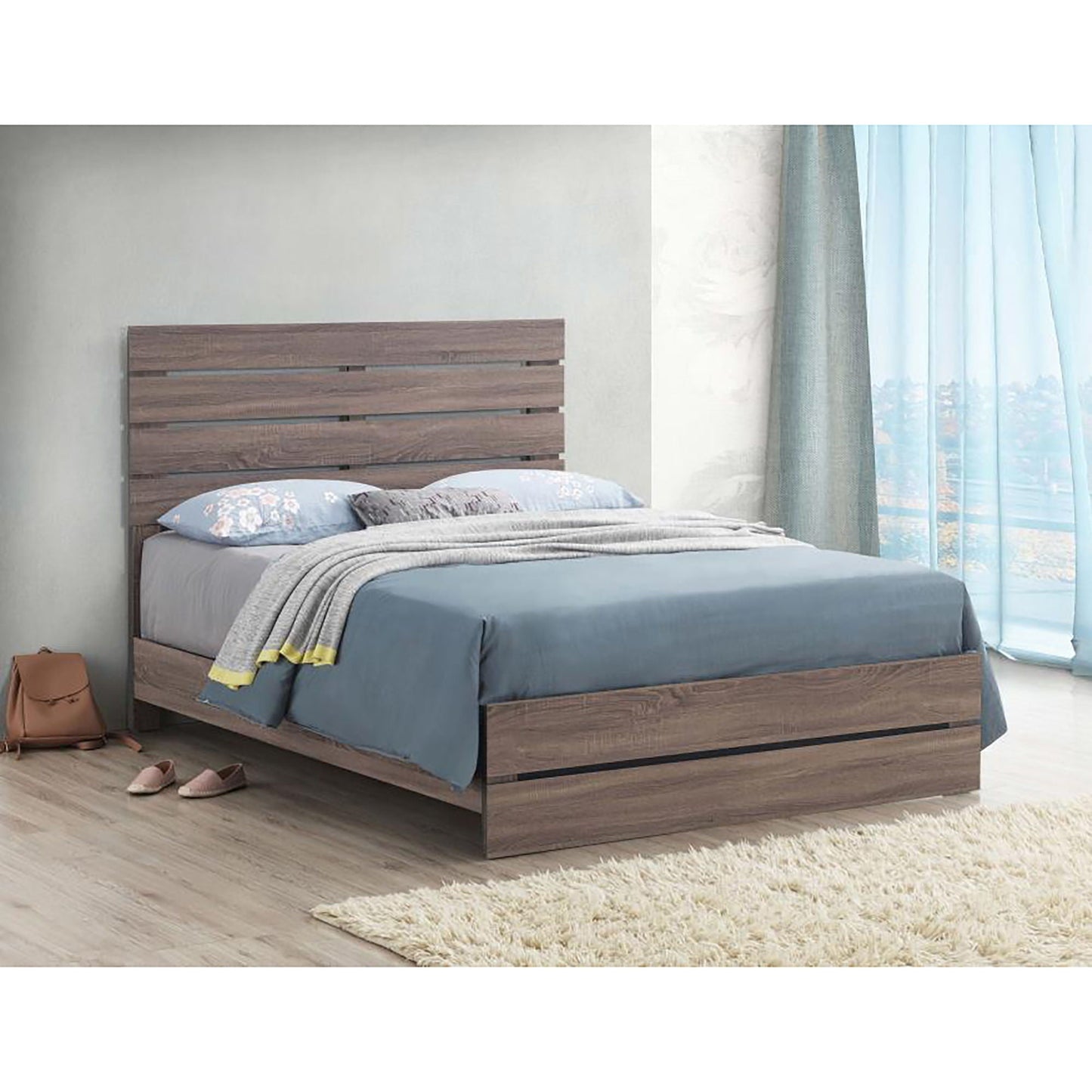 Slatted headboard panel bed in warm brown wood with gray bedding and floral pillows on Tampa Home & Garden Store