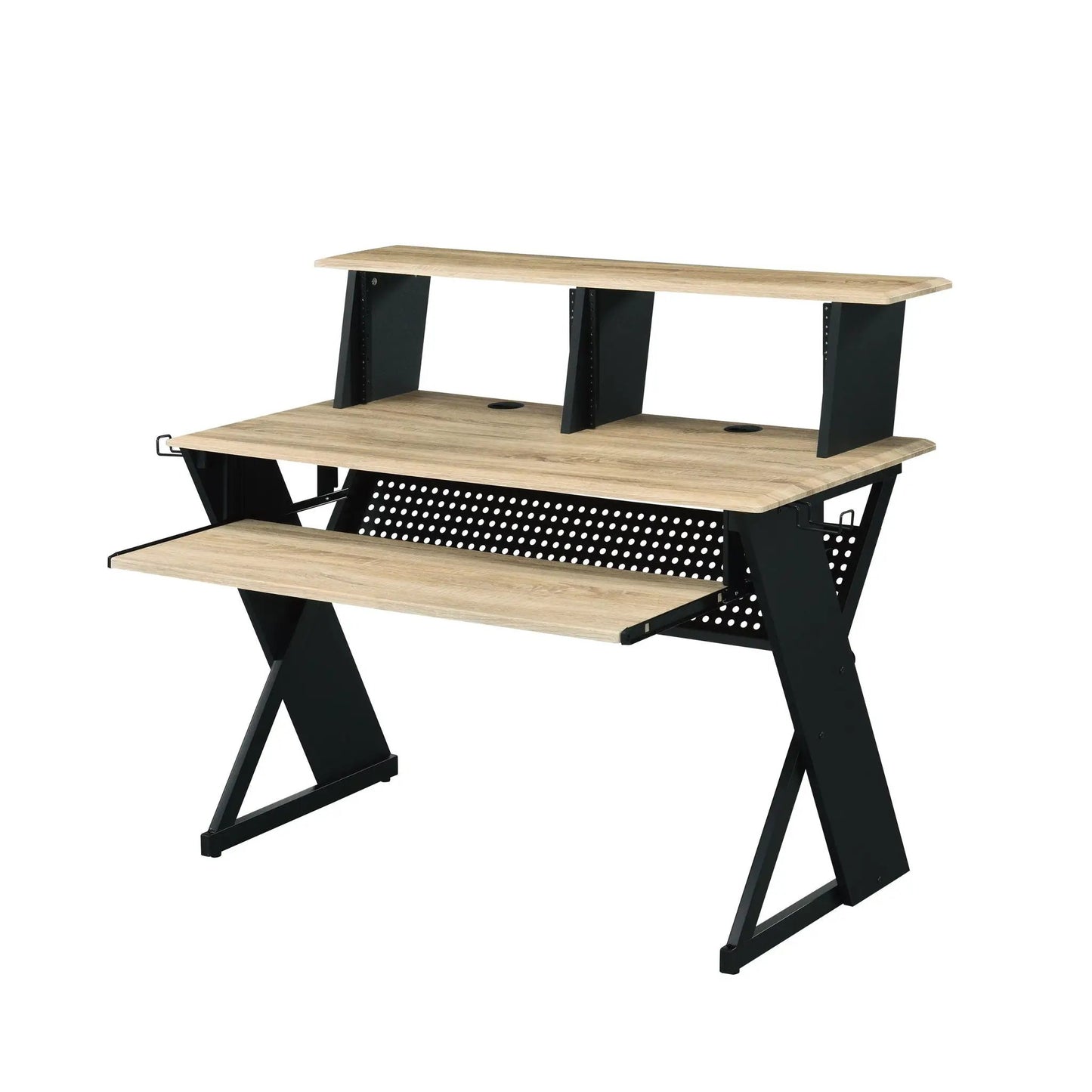 Eleazar natural oak recording desk with black metal legs and two-tier monitor shelf on Tampa Home & Garden Store