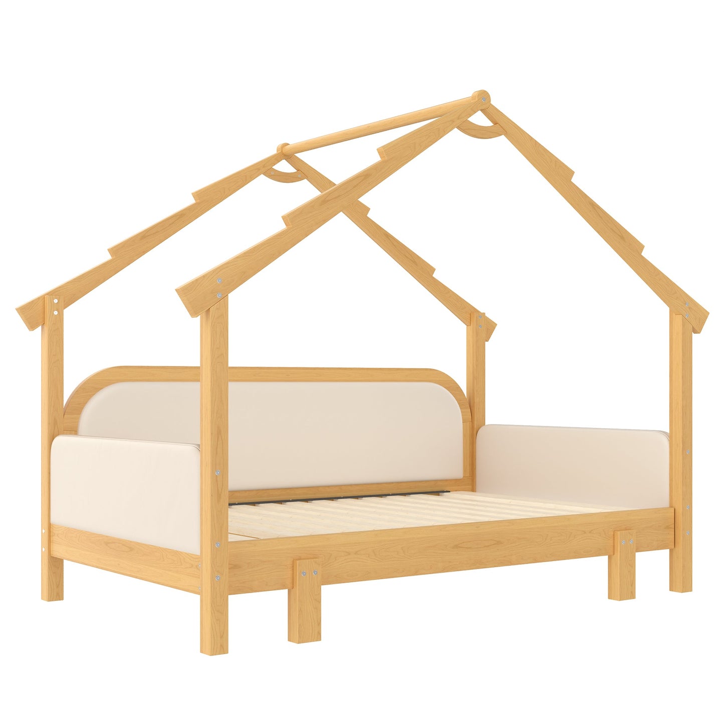 Twin Size Wood Treehouse Bed with Soft Cushion Rails, natural oak finish, HouseOfZazla on Tampa Home & Garden Store