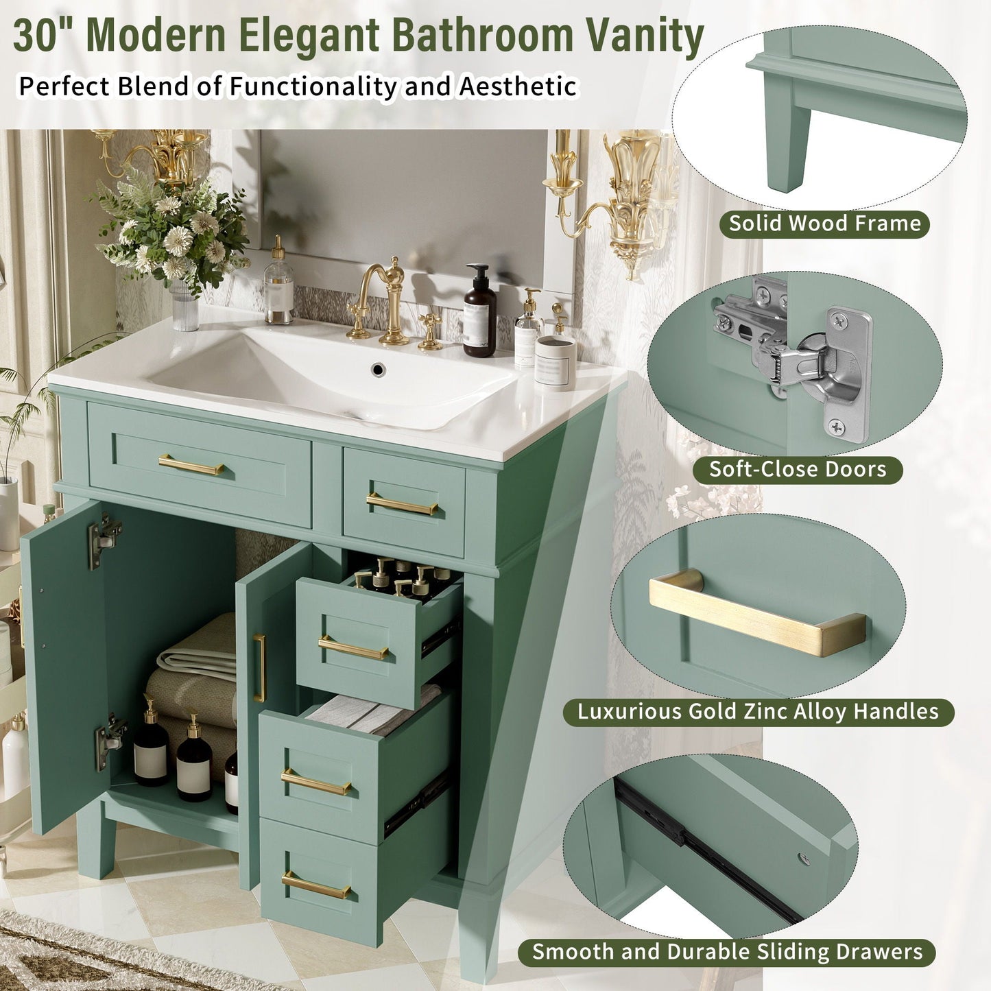Vanity by HouseOfZazla teal bathroom vanity with sink, solid wood frame, soft-close doors on Tampa Home & Garden Store