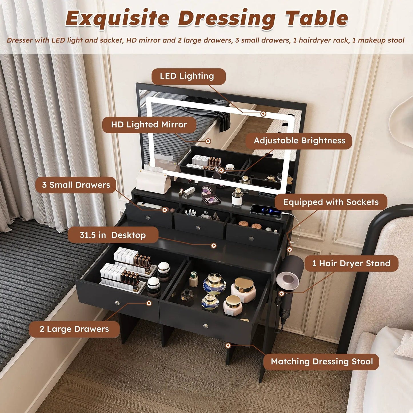 Modern makeup vanity set with LED lighting, drawers, hair dryer holder by Unique Piece Furniture on Tampa Home & Garden Store