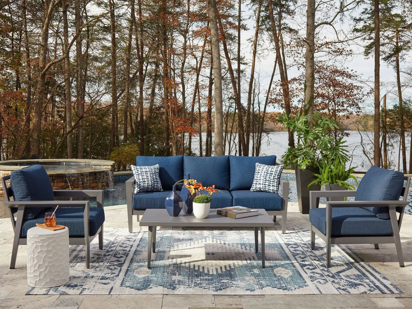 Gali 4-Piece Outdoor Sofa Set with gray-blue cushions on metal frames on Tampa Home & Garden Store