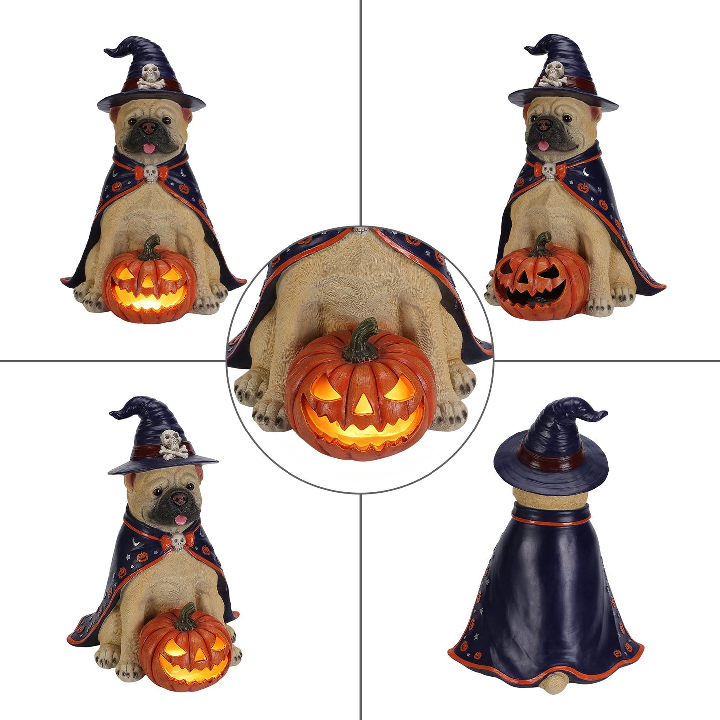 Halloween Bulldog Witch Statue with LED light-up jack-o-lantern pumpkin, cape, hat, HouseOfZazla on Tampa Home & Garden Store
