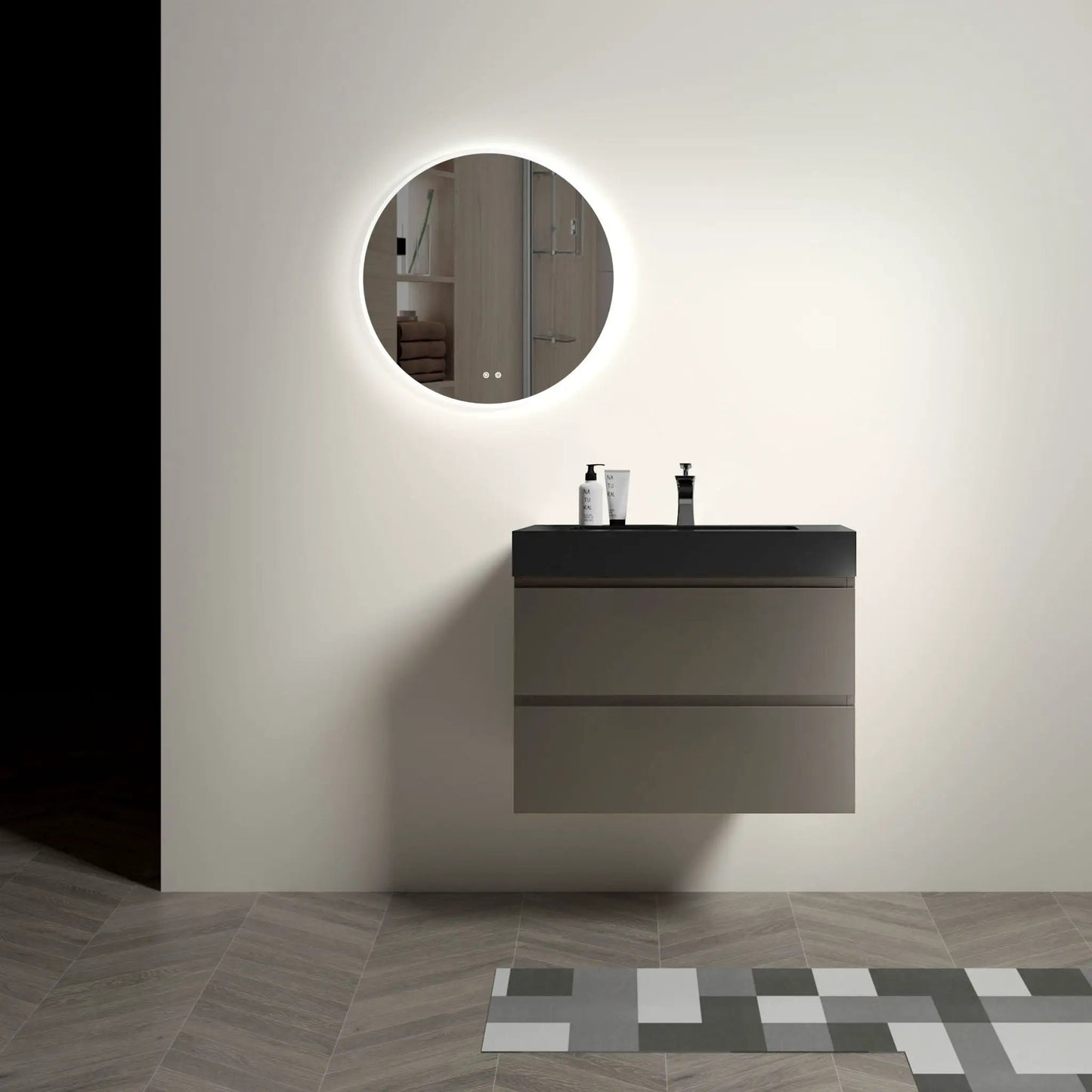 Alice bathroom vanity with sink, wall-mounted floating unit, round LED backlit mirror on Tampa Home & Garden Store