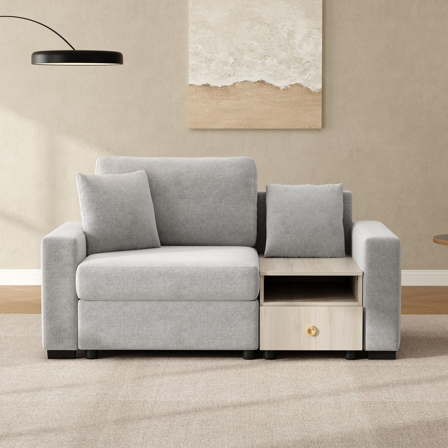Modular sofa couch in grey fabric with storage armrest and built-in center console on Tampa Home & Garden Store