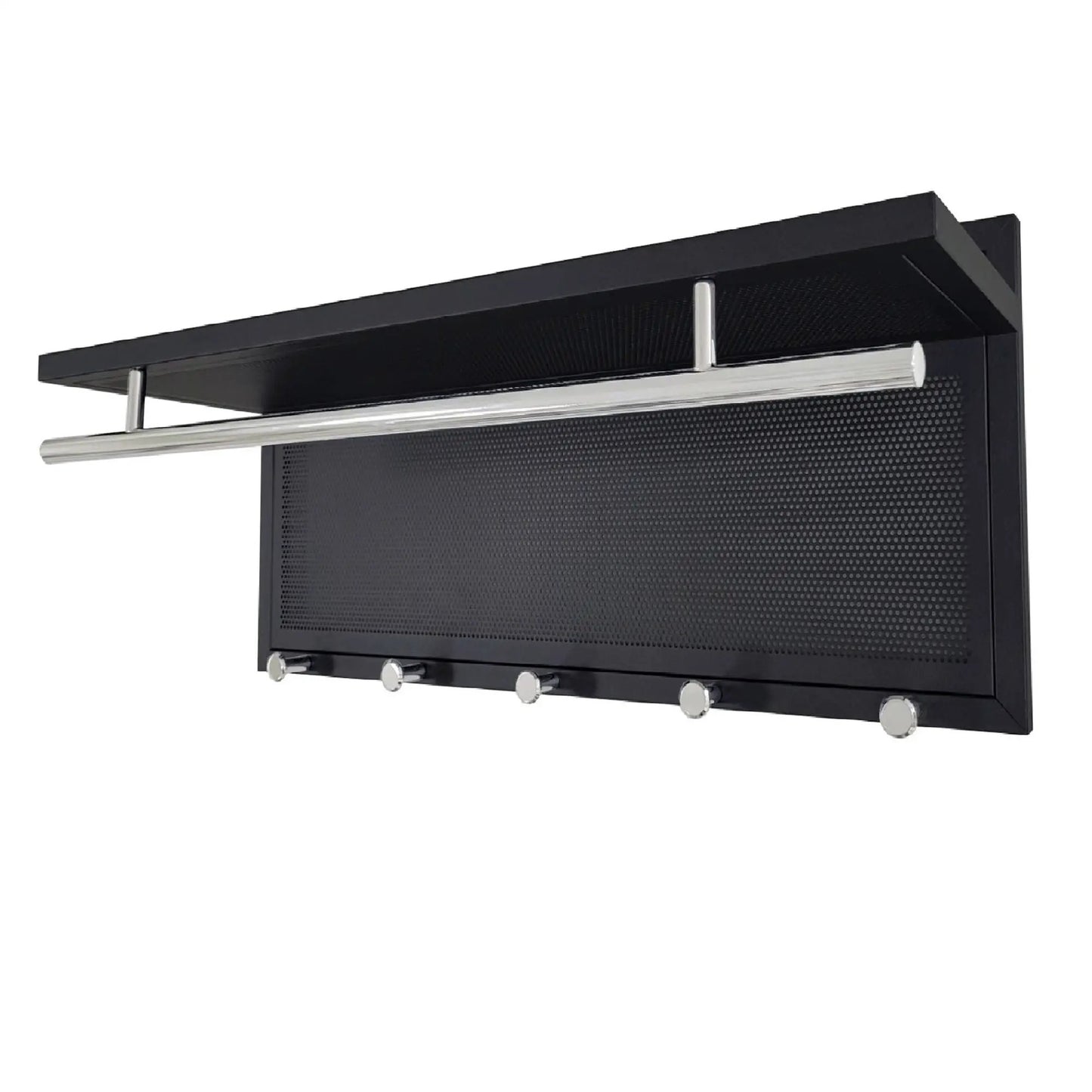 Esyspot wall-mounted coat rack with shelf, black metal frame and chrome rod with silver hooks on Tampa Home & Garden Store