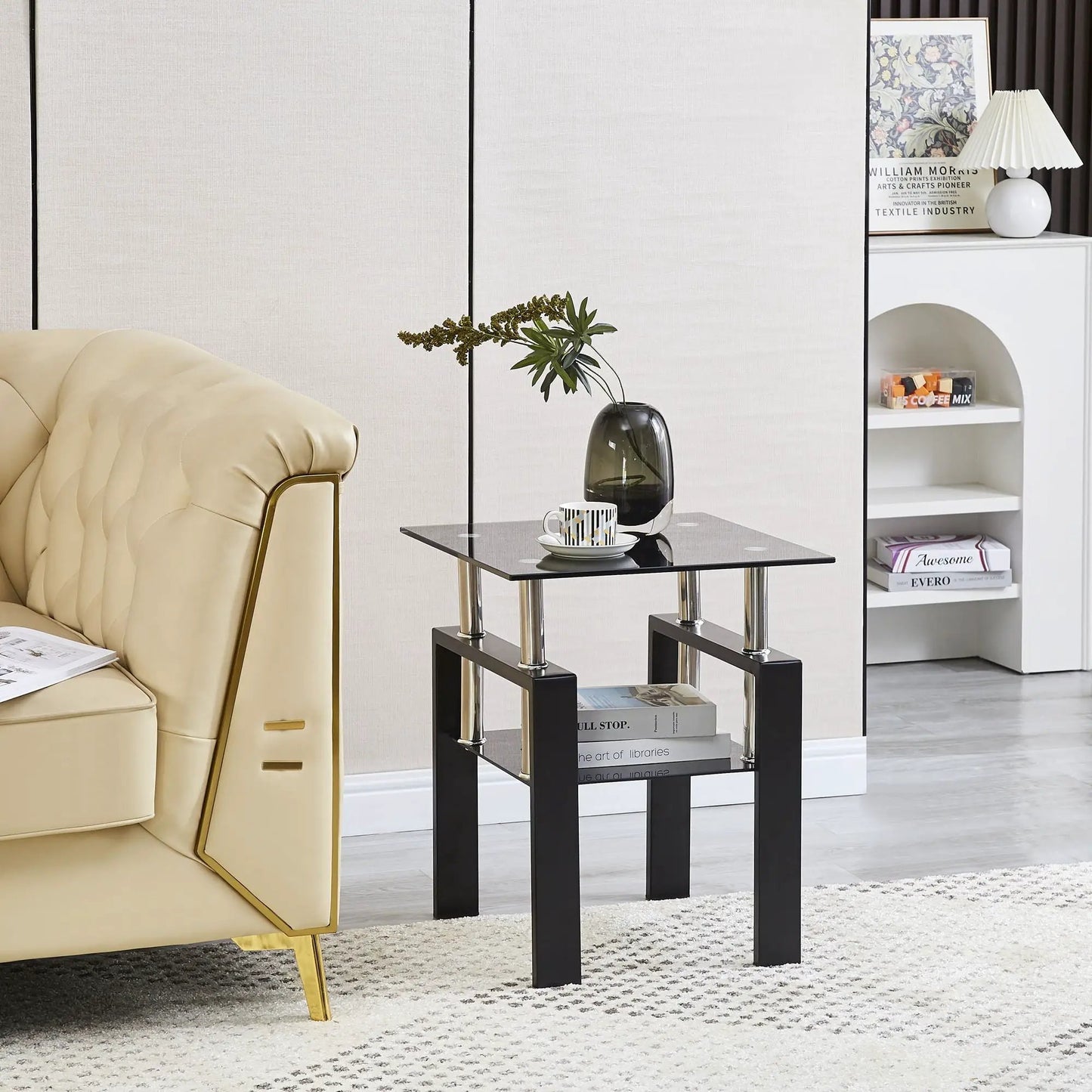 Tempered Glass Table With Storage For Living Room