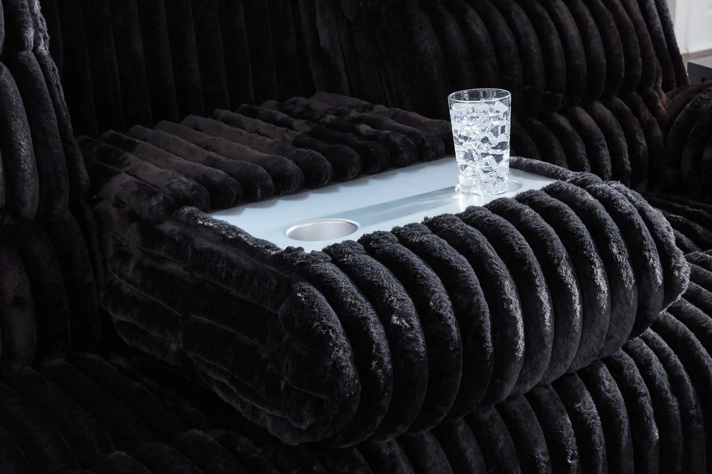 Rhine Falls reclining power sofa with dropdown table Onyx plush black fabric and one glass on Tampa Home & Garden Store
