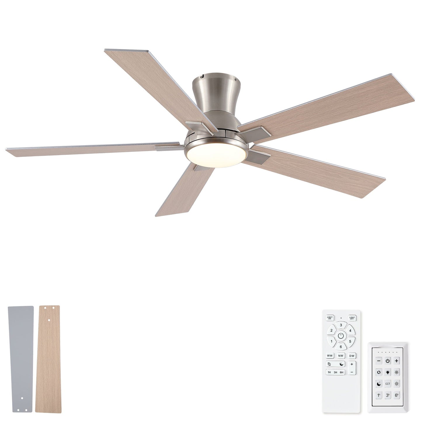 Low profile ceiling fan with integrated LED light, 5 wood blades, brushed nickel finish, remote on Tampa Home & Garden Store