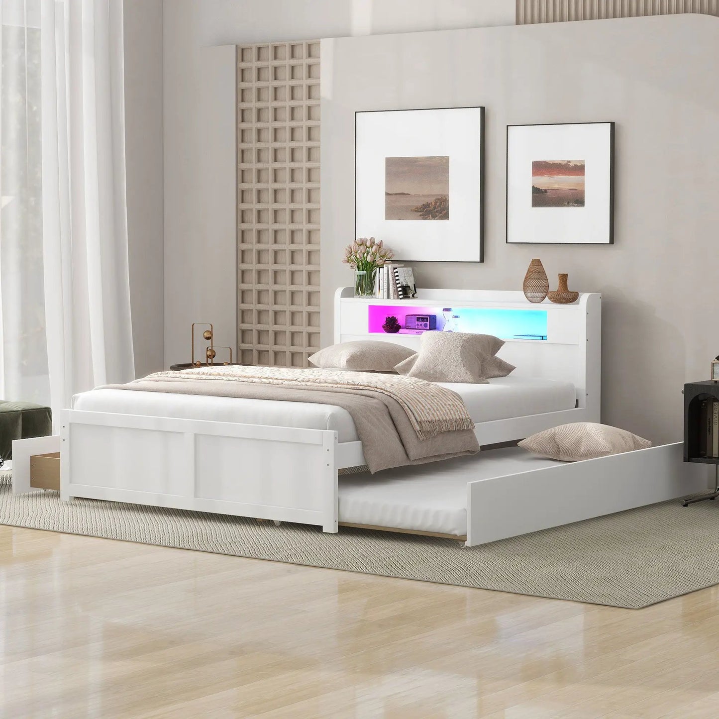 Storage platform bed with LED lights in white finish, 2 drawers and pull-out trundle on Tampa Home & Garden Store