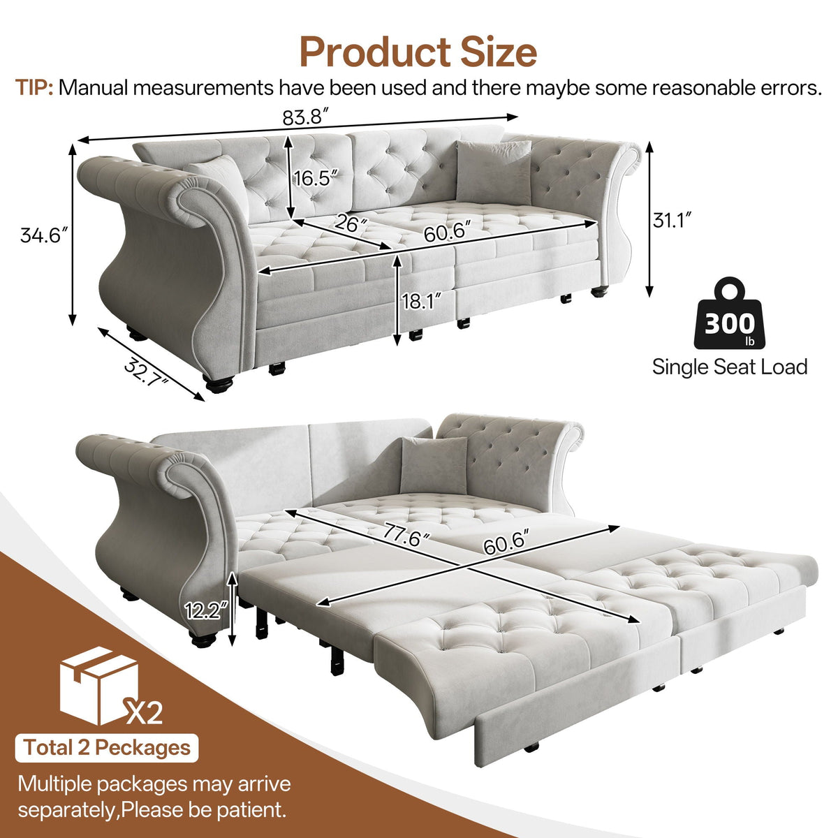 Oversized Chesterfield pull-out sofa bed with roll arms and flower tufting, HouseOfZazla on Tampa Home & Garden Store