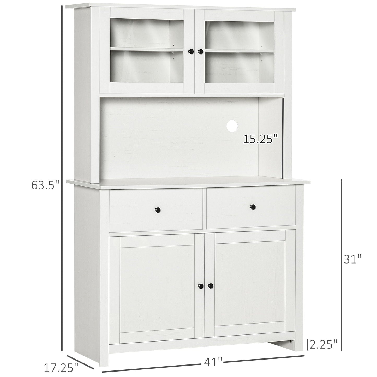 Antique white kitchen buffet with hutch framed glass doors 4 shelves and drawers microwave area on Tampa Home & Garden Store