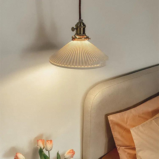Nordic Japanese porcelain pendant chandelier by Decorbites with ribbed shade and brass fittings on Tampa Home & Garden Store