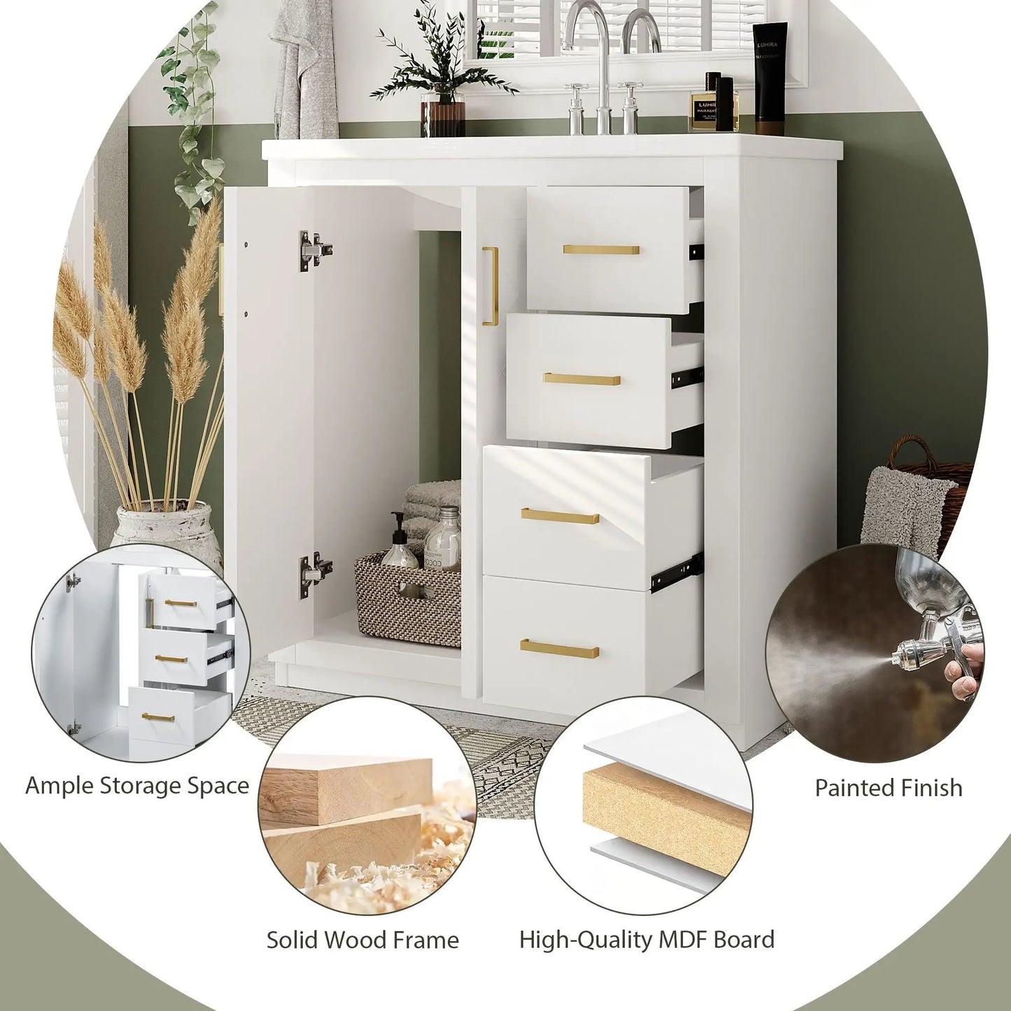 White freestanding bathroom vanity with sink, 3 drawers and soft-close doors, gold handles on Tampa Home & Garden Store