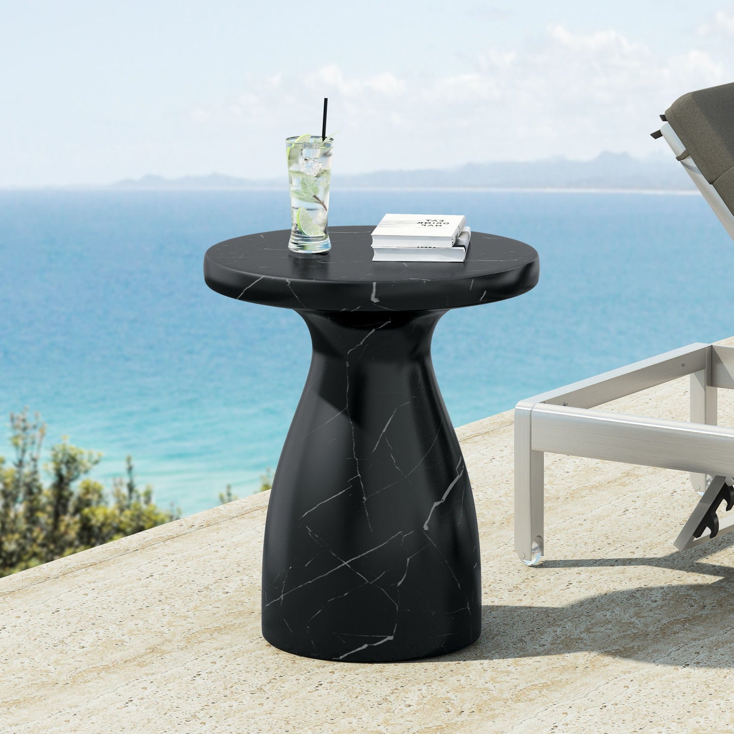 HouseOfZazla travertine side table lightweight black marble-vein finish outdoor furniture on Tampa Home & Garden Store