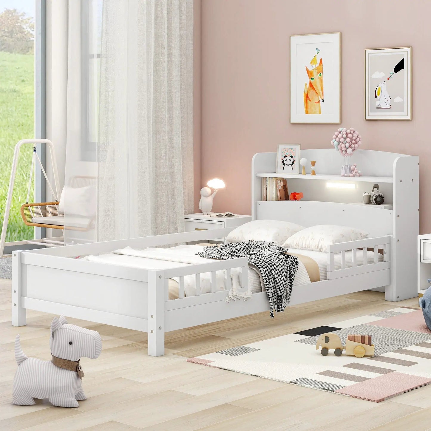 Wood Platform Bed With Led Light and Guardrail
