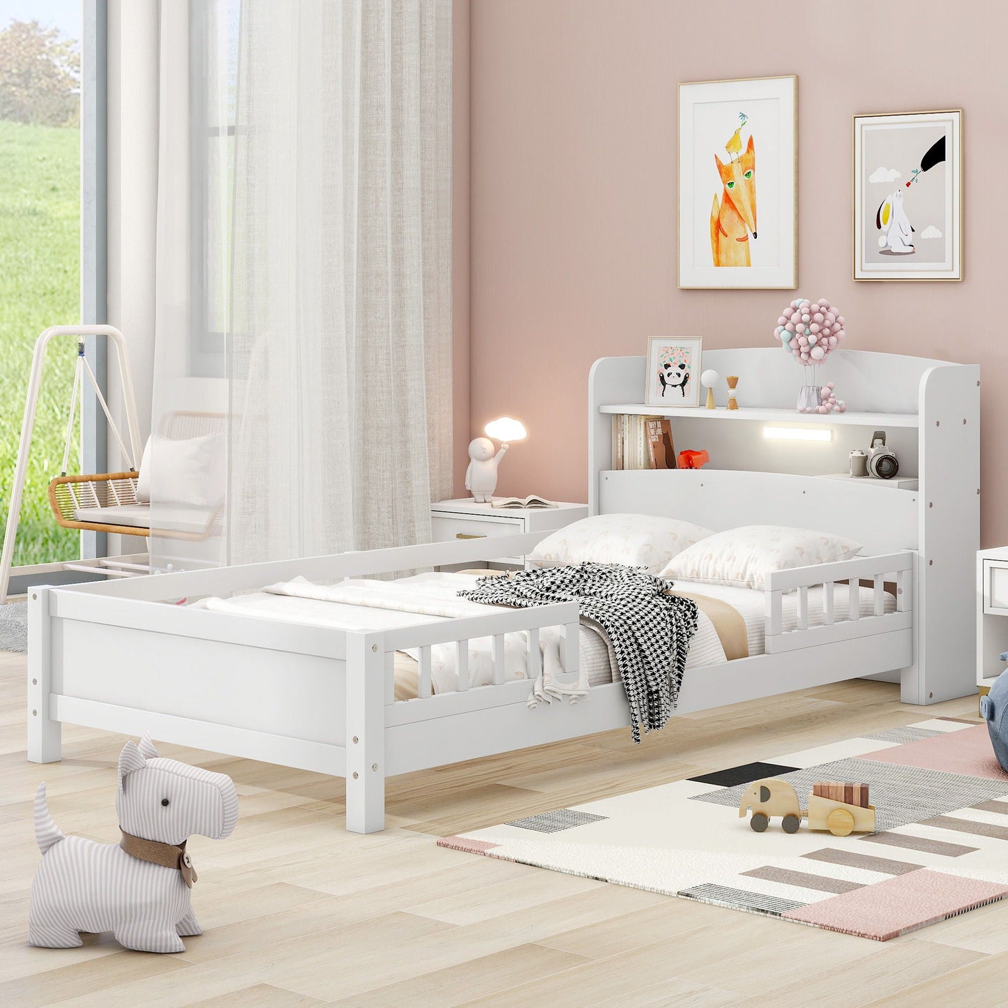 White wood platform bed with built-in LED light, storage headboard and guardrails on Tampa Home & Garden Store