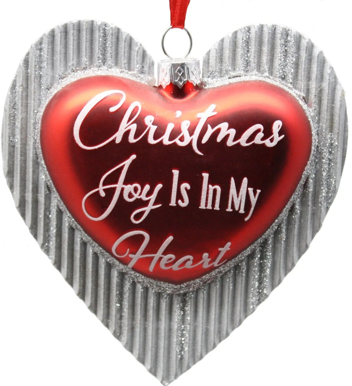 Glass Glitter Heart Ornament with Joy, red center and silver glitter border, red ribbon on Tampa Home & Garden Store