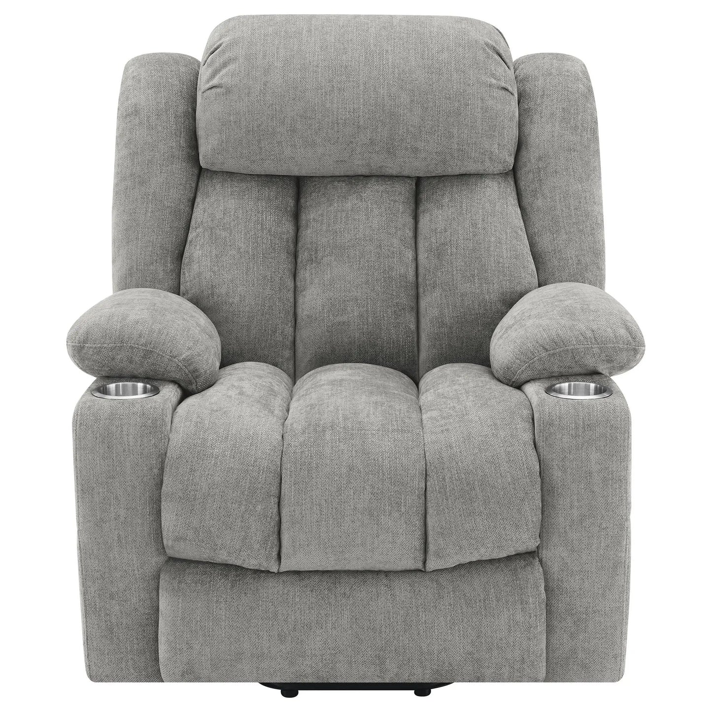 Beca upholstered power lift recliner in gray fabric with two cupholders in the armrests on Tampa Home & Garden Store