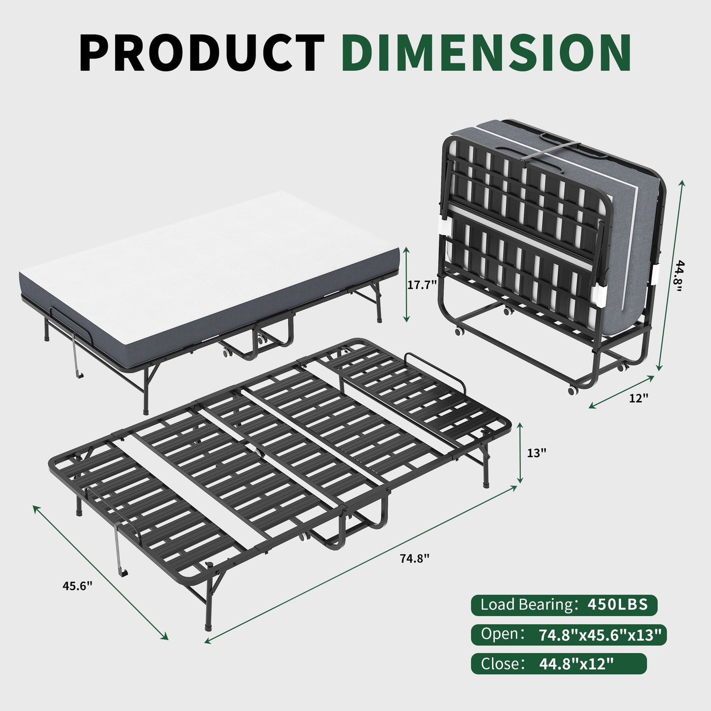 Wide Folding Rollaway Bed and Memory Foam