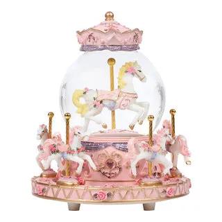 Crystal music box carousel pink crown glass globe pink horses gold accents FLIPSTYLEZLLC on Tampa Home & Garden Store