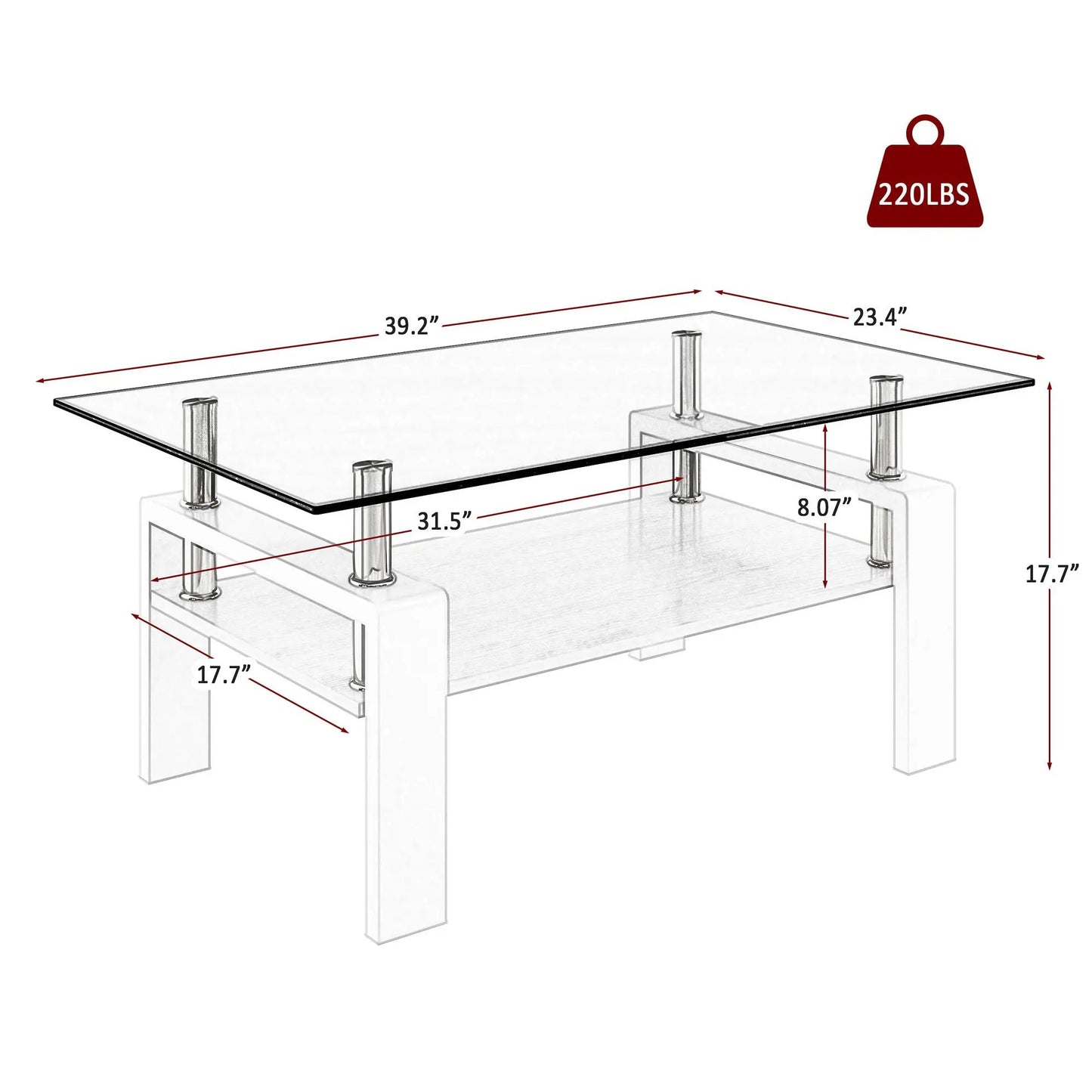 Rectangular Coffee Table With Tempered Glass Top