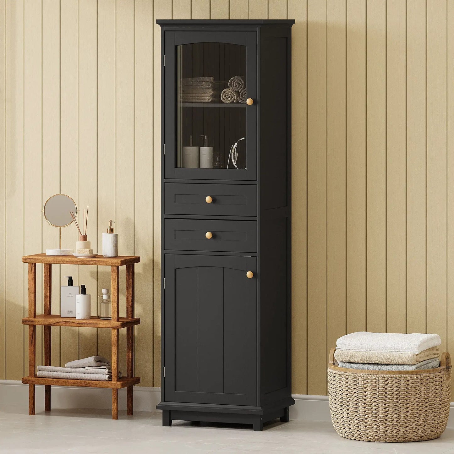 Tall Bathroom Storage Cabinet with Glass Doors